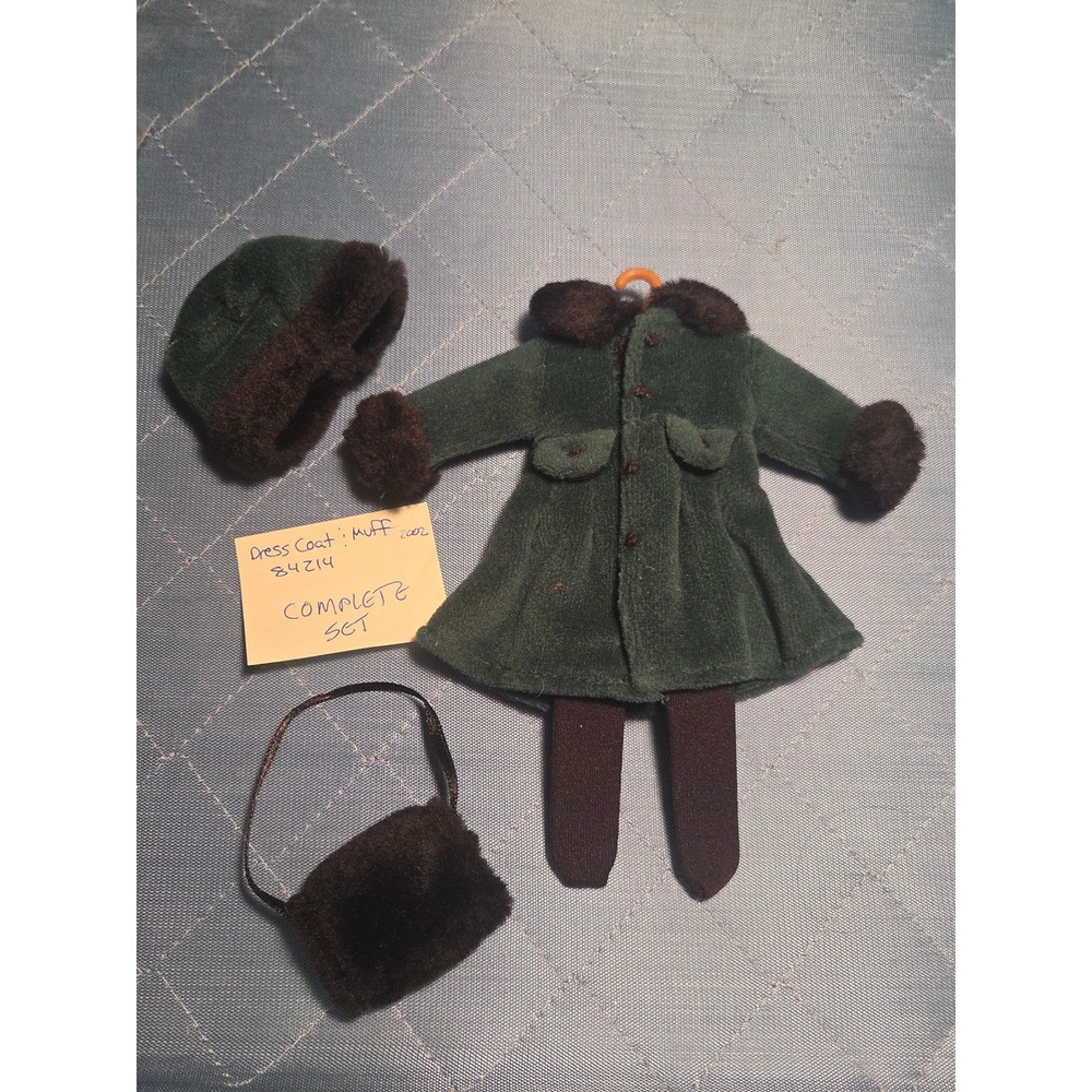 Madeline & Friends Dress Coat Muff Complete Set Green Velvet Fur Trim Hat Tights